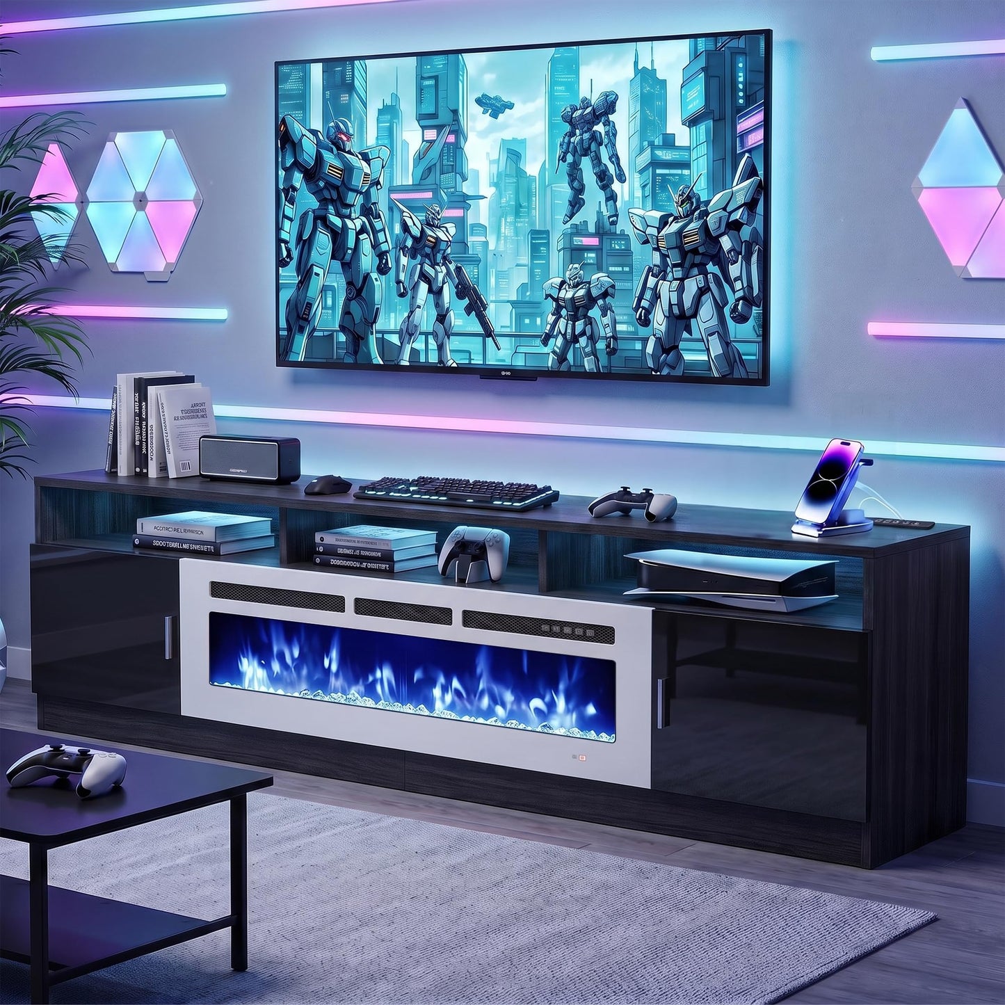 MXV 70" Fireplace TV Stand with Power Outlet for TVs UP to 80", Electric Fireplace Entertainment Center with LED Lights & Storage Cabinets, TV Console for Living Room, Office, Black-White