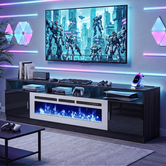 MXV 70" Fireplace TV Stand with Power Outlet for TVs UP to 80", Electric Fireplace Entertainment Center with LED Lights & Storage Cabinets, TV Console for Living Room, Office, Black-White