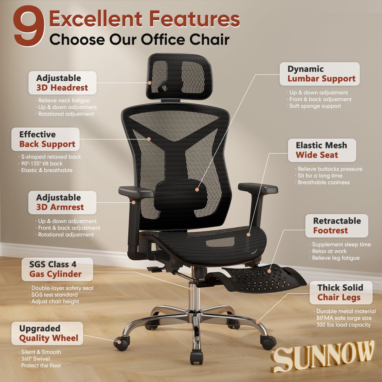 Ergonomic Office Chair with Footrest, Desk Chair Comfy with 3D Adjustable Lumbar Support & Arm & Headrest, 4 Gear 90°-135° Tilt, Wide Air Mesh Seat, Heavy Duty Class-4 Gas Lift, Computer Gaming Chair
