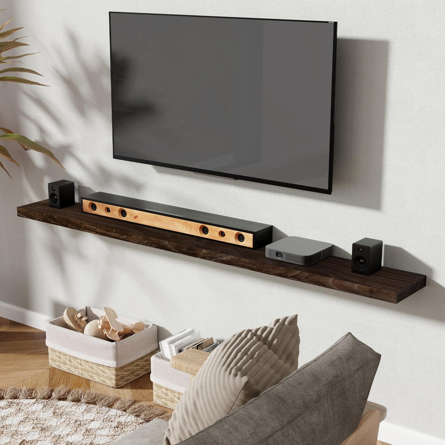72 Inch Floating Shelves for Wall 1 Pack Shelves for Bedroom, Bathroom, Kitchen, Wall Mounted Rustic Solid Elm Wood Floating Shelf with Invisible Bracket for Books, Decor, Storage, Walnut