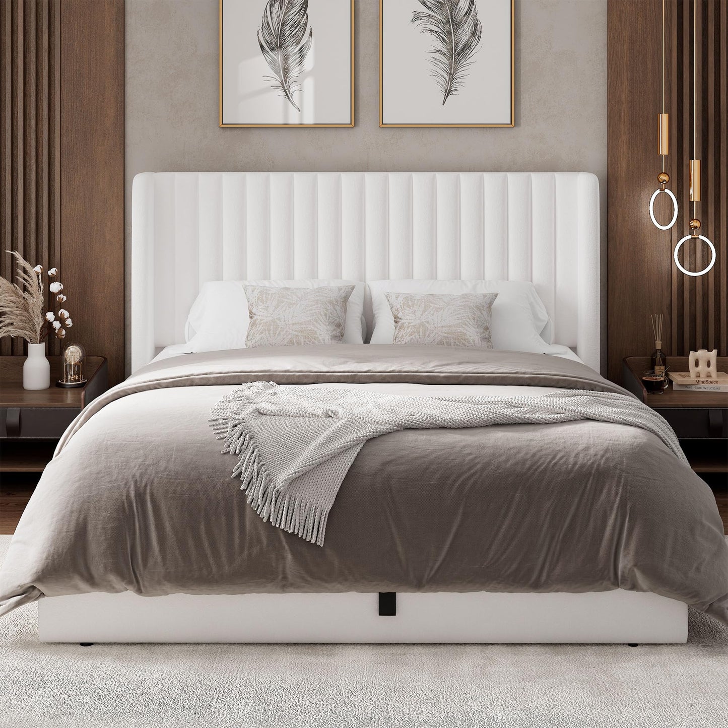 Feonase Queen Size Lift Up Storage Bed Frame, Velvet Upholstered Platform Bed Frame with Wingback Headboard, Hydraulic Storage, No Box Spring Needed, White