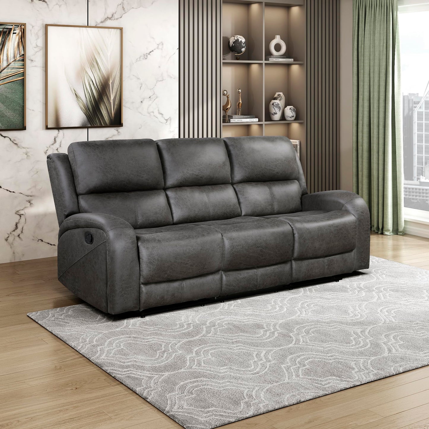Lexicon Manual Double Reclining Sofa, Polished Microfiber Manual Wall Hugger Sofa Recliner for Living Room, Home Theater Seating, Track Arm, Stitching Cushion, Padded Foam Seat Cushion, Gray