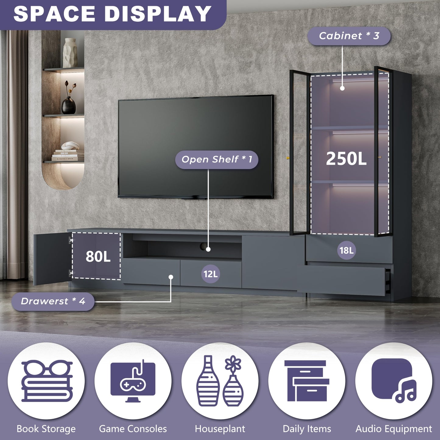 ATJafurn Modern Gray Entertainment Center with Bookshelf for 75 inch TV, Included TV Console and Glass Display Cabinet, 2-Piece Media Console with Drawers for Living Room (AB-102 Cabinets Set)