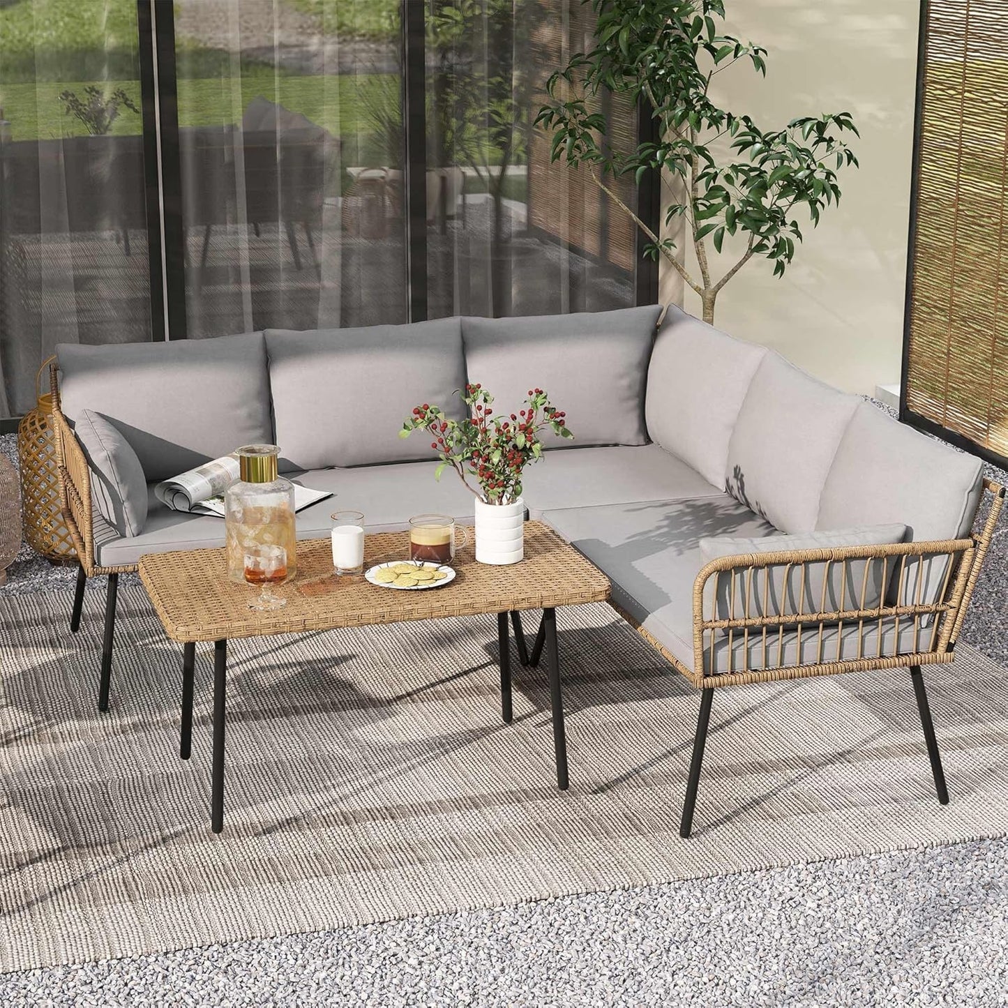 DWVO Patio Furniture Set, 4 Pieces Outdoor Patio Conversation Set, All-Weather PE Rattan Sectional L-Shaped Sofa with Soft Cushion and Side Table for Backyard, Porch, Boho Detachable Lounger (Gray)