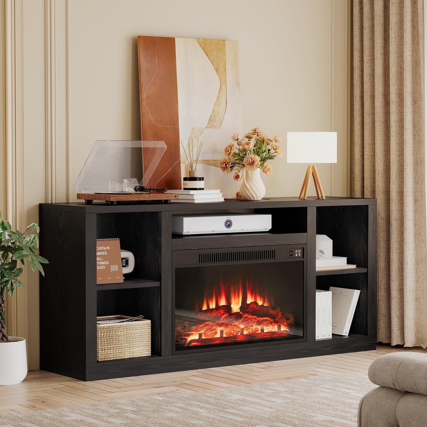 YESHOMY Electric Fireplace TV Stand for Televisions up to 65+ Inch, Media Entertainment Center Console Table with Four Open Storage Shelves & Cabinets, 58 Inch, Black
