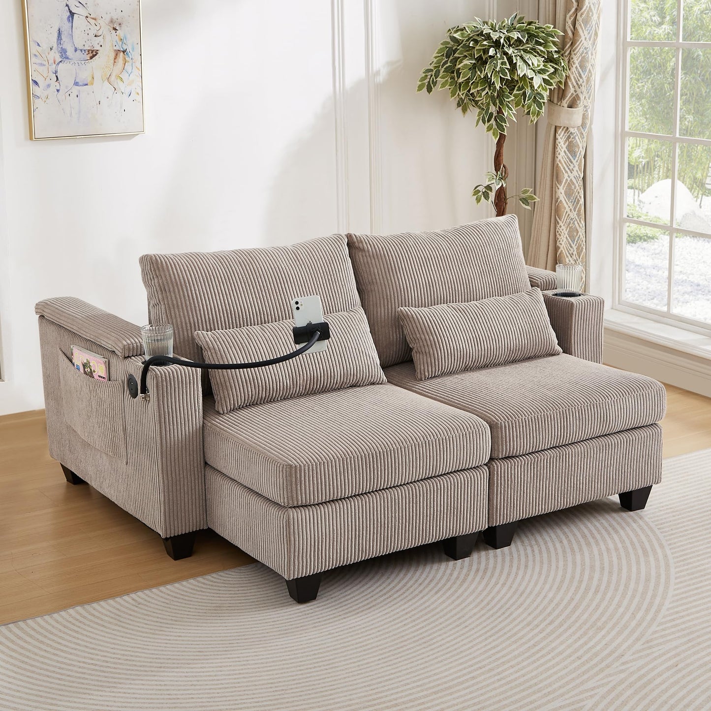Merax Modern 63" Convertible Chaise Lounge with USB Ports, Phone & Cup Holders, Corduroy Upholstered Sleeper Sofa Bed, Recliner Loveseat with Pillows & Ample Storage Space for Living Room,Brown