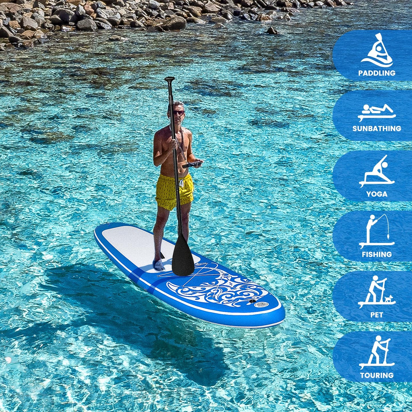 FEATH-R-LITE Inflatable Paddle Board Stand Up Paddleboards for Adults SUP with Premium Accessories Pump, Adjustable Paddle, Leash, Three Fins, Backpack (Dark Blue)