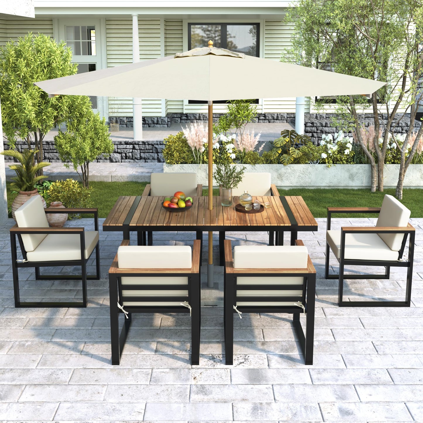 Outdoor Patio Sofa Set 4-Piece with Cushions, Woven Rope Design Seating, Acacia Wood & Steel Frame, Water-Resistant Fabric, 3-Seat Couch, Chairs & Dual-Layer Coffee Table for Garden Balcony, Beige
