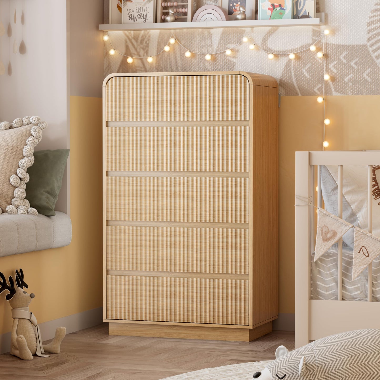 Wodeer Natural Oak Dresser Fluted Tall 5 Drawer Dresser for Bedroom, Wood Chest of Drawers with Hidden Handles & Rounded Corners, Modern Storage Cabinet and Organizer Drawers for Living Room, Hallway