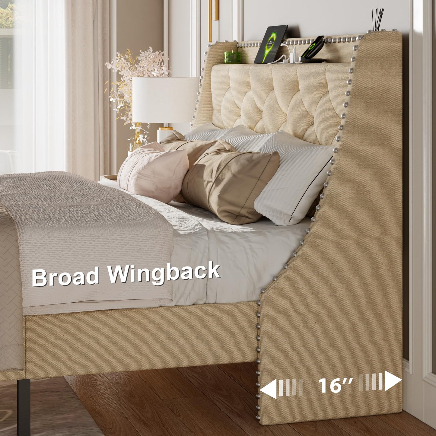 Feonase Queen Bed Frame with Luxury Wingback and Fast Charging Station,Queen Upholstered Button Tufted Storage Headboard Platform Bed,Sturdy Wooden Slats Support,Noise-Free,Easy Assembly, Beige