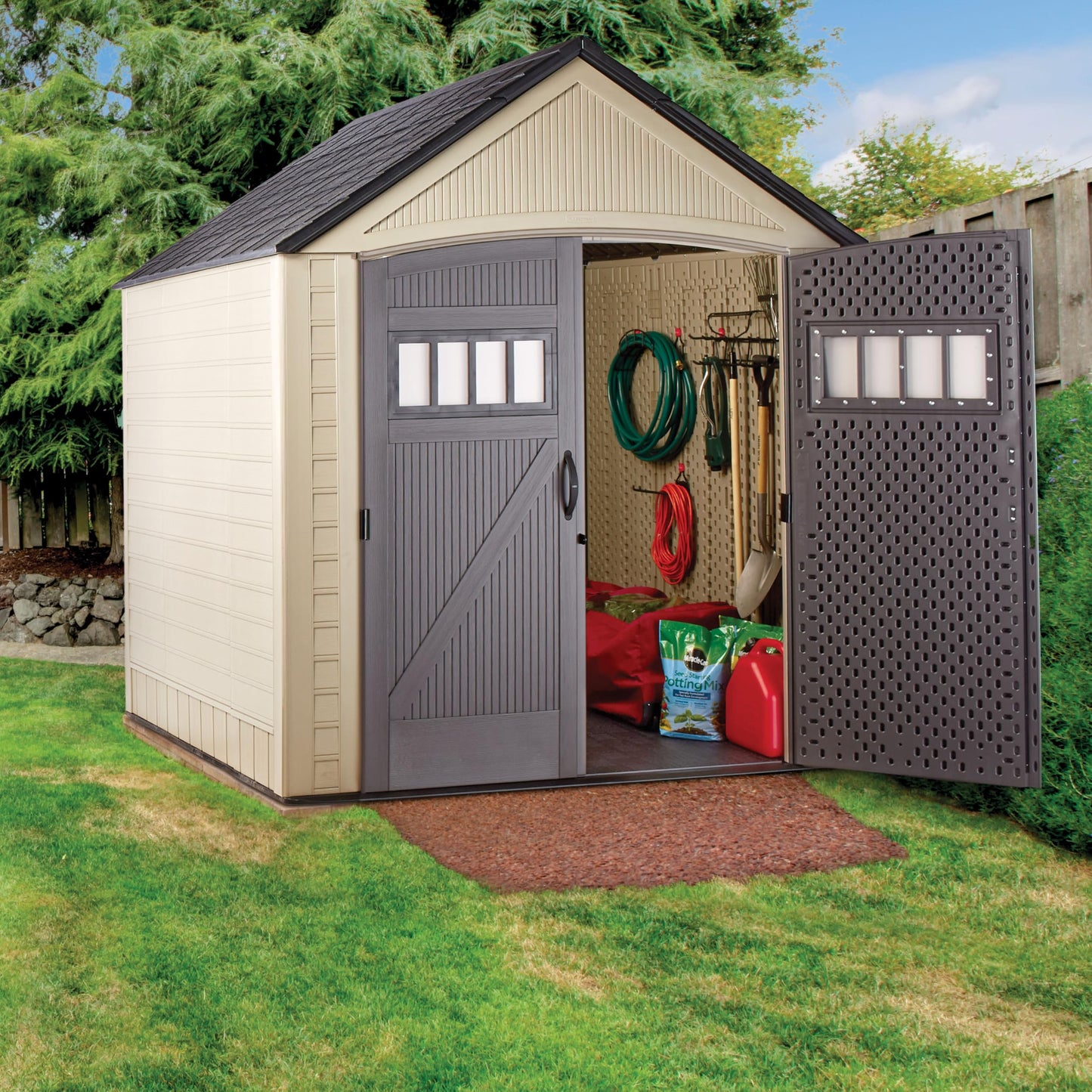 Rubbermaid Resin Outdoor Storage Shed with Floor (7 x 7 Ft) Weather Resistant, Brown Gable, Organization for Home/Backyard/Garden Tools/Lawn Mower/Bike Storage/Pool Supplies