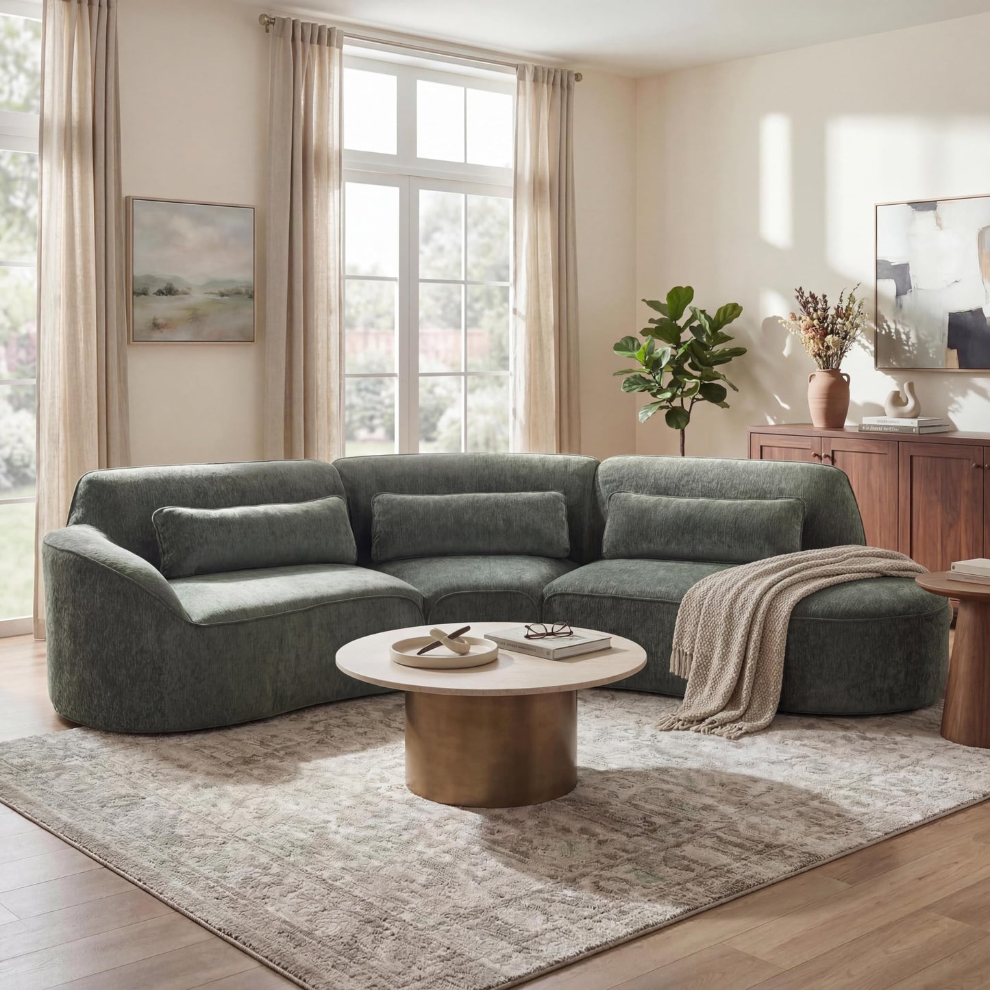 Merax 123.23" Curved Polyester Sectional Sofa Set, Modern Cloud Couch with Chaise Lounge & 3 Pillows & Right Hand Facing, High-Density Fully Compressed Sponge, Fully Assembled for Living Room, Green