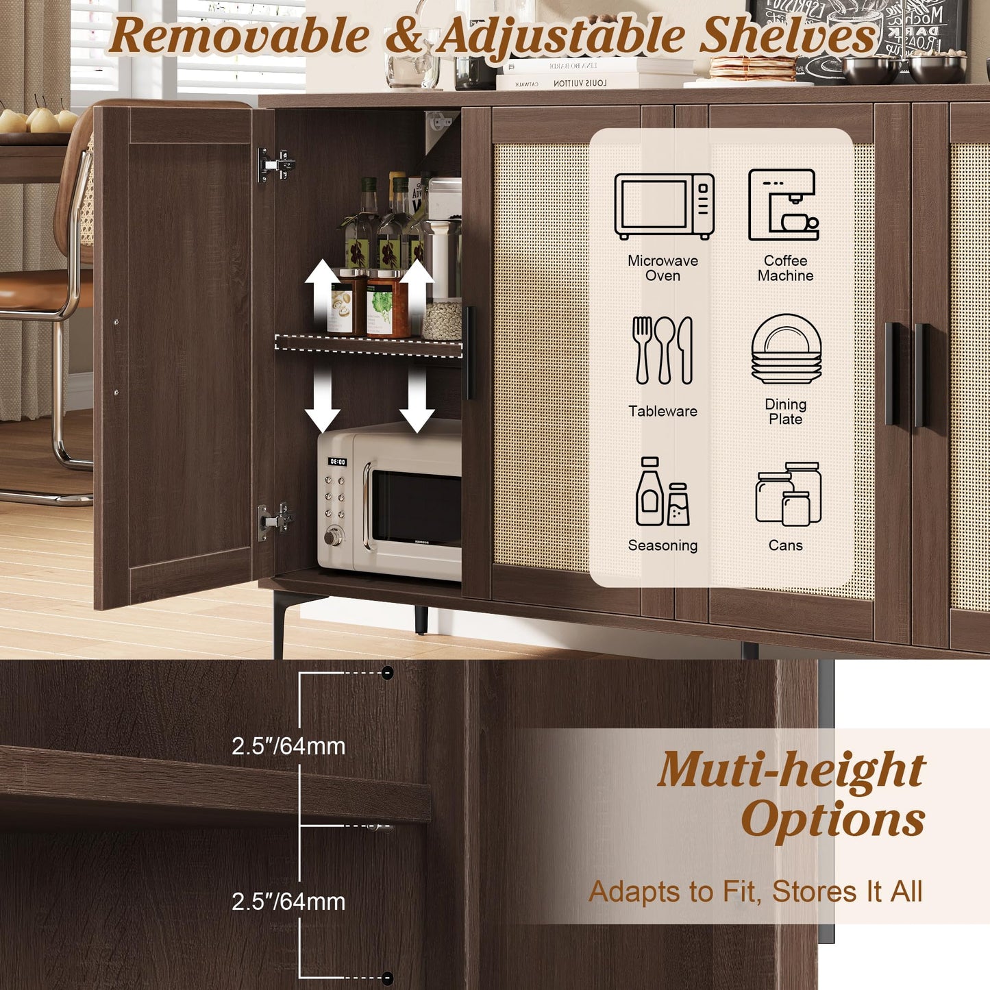 JASIWAY Buffet Cabinet with Storage, 48" Rattan Coffee Bar Cabinet Station