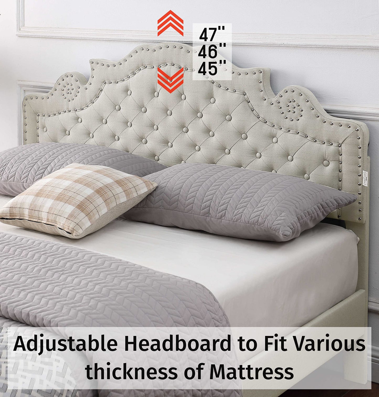 Queen Upholstered Platform Bed Frame with 47" Tall Adjustable Headboard - Button Tufted Linen Bed - Wood Slat Support with Storage Space - No Box Spring Needed - Beige - Oliver & Smith - Elizabeth