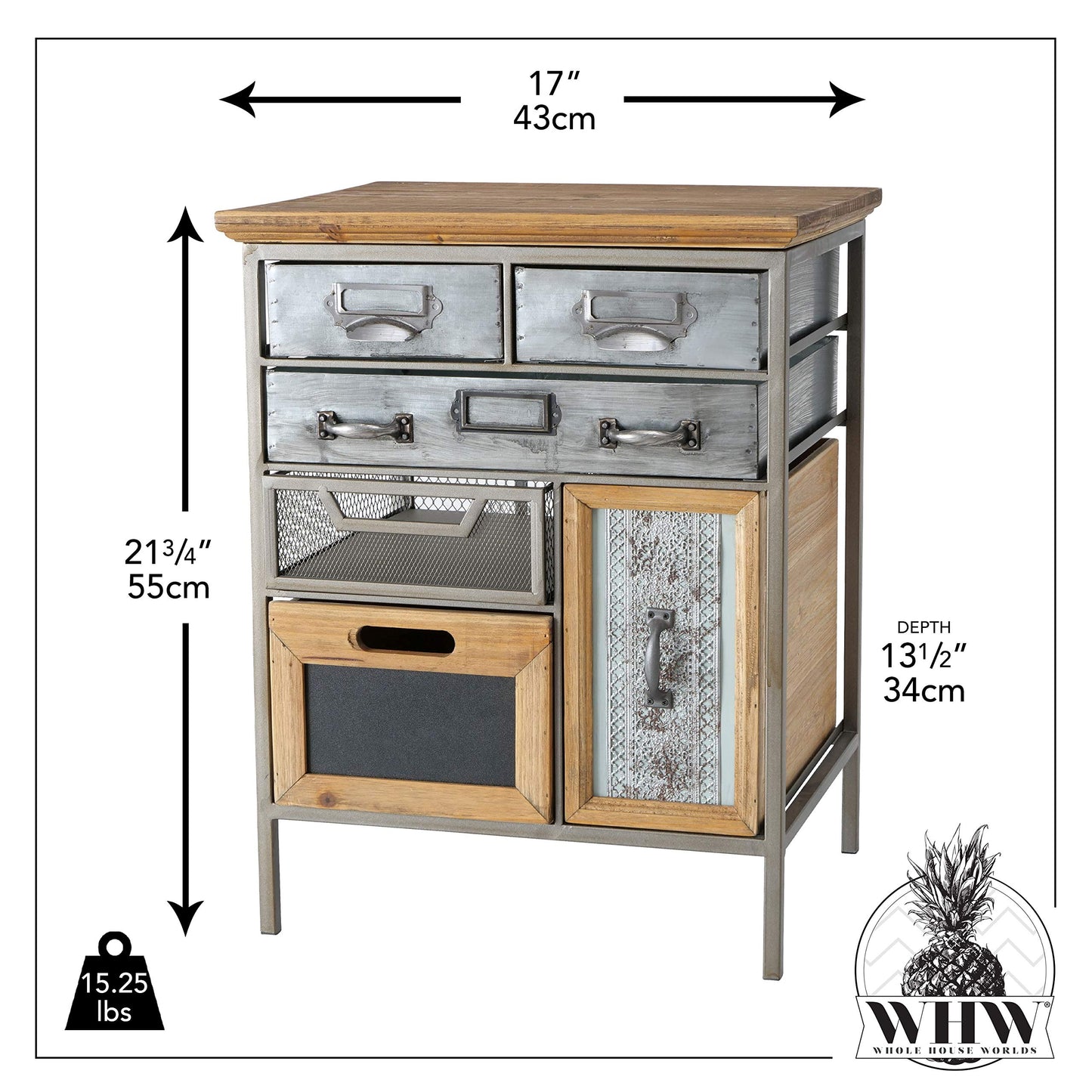 WHW Whole House Worlds Industrial Chic Multi Drawer Nightstand, 3 Drawers and 3 Utility Bins, Reclaimed Vintage Style, Iron, Screening, Galvanized Metal, Wood, 21.75 Inches Tall (55 cm)