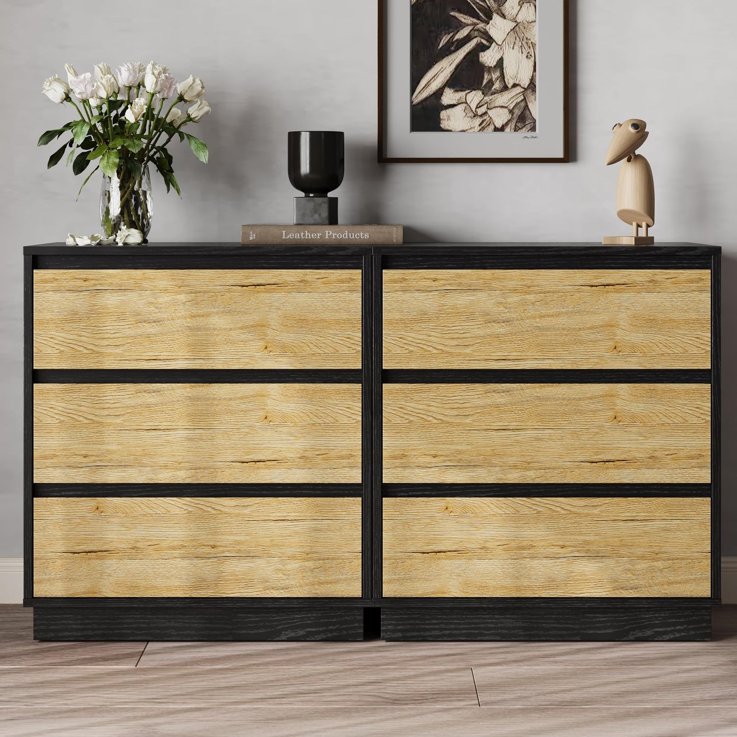 RoyalCraft Nightstand Set of 3, 23.6" Night Stand with 3 Drawers Storage, Large Bedside Table, End Table for Bedroom, Closet, Black and Wood