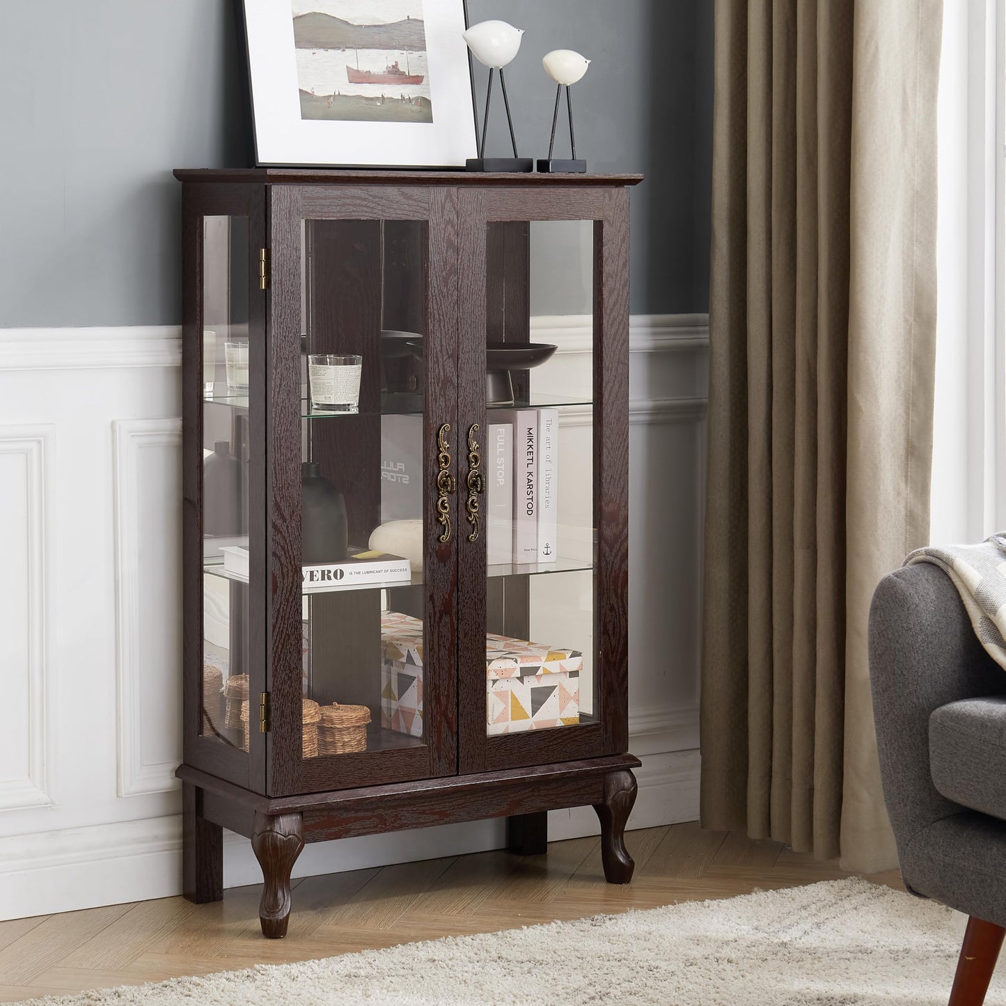 Ball & Cast Lighted Curio Cabinet with 2 Doors,3-Tier Glass Display Cabinet with Adjustable Glass Shelves and Mirrored Back Panel for Living Room,Light Bulb Included, Cherry