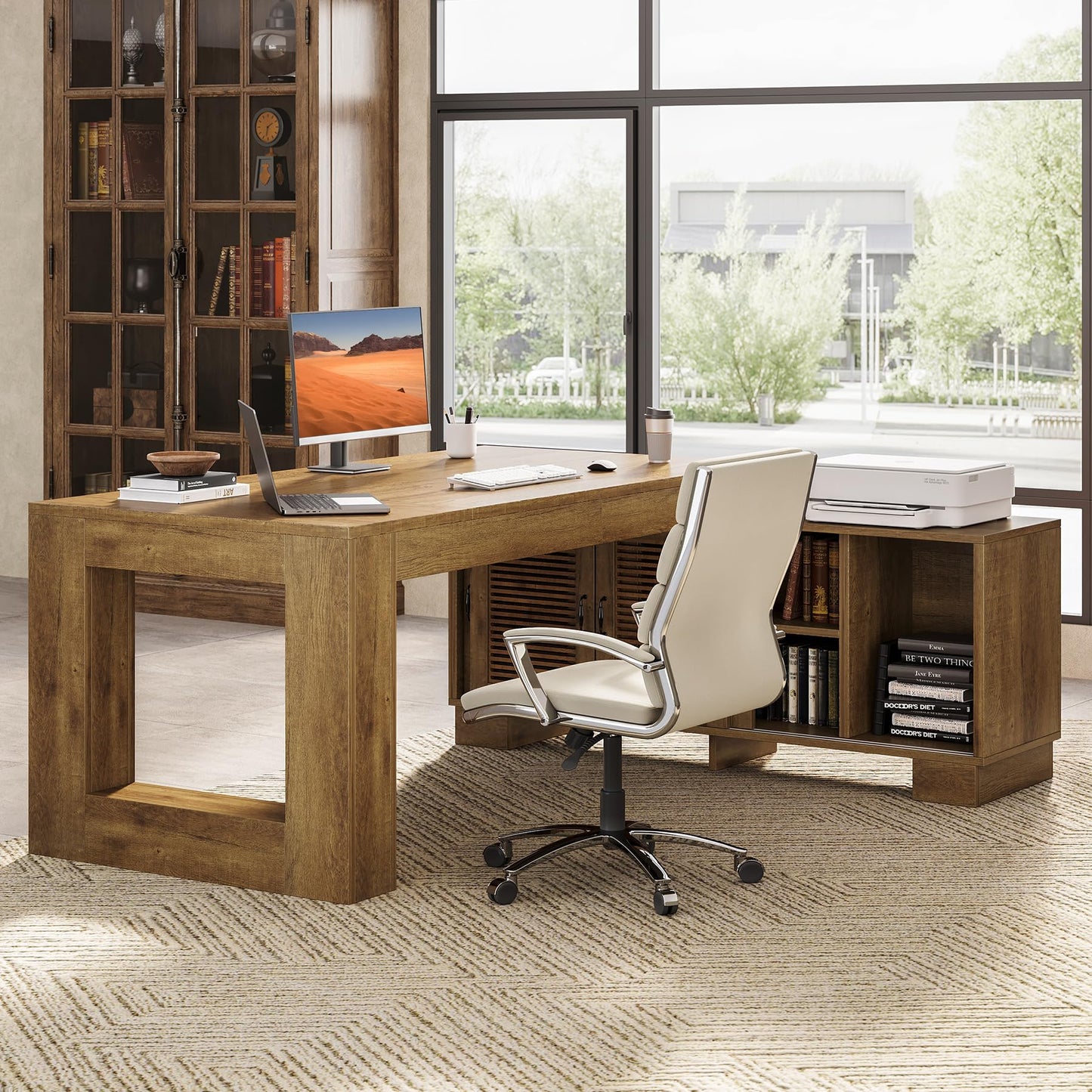 LITTLE TREE L Shaped Executive Desk, Large 63" Executive Desk with File Cabinet, Modern L Shaped Desk, Corner Computer Desk for Home Office & Business Furniture Workstation, Brown