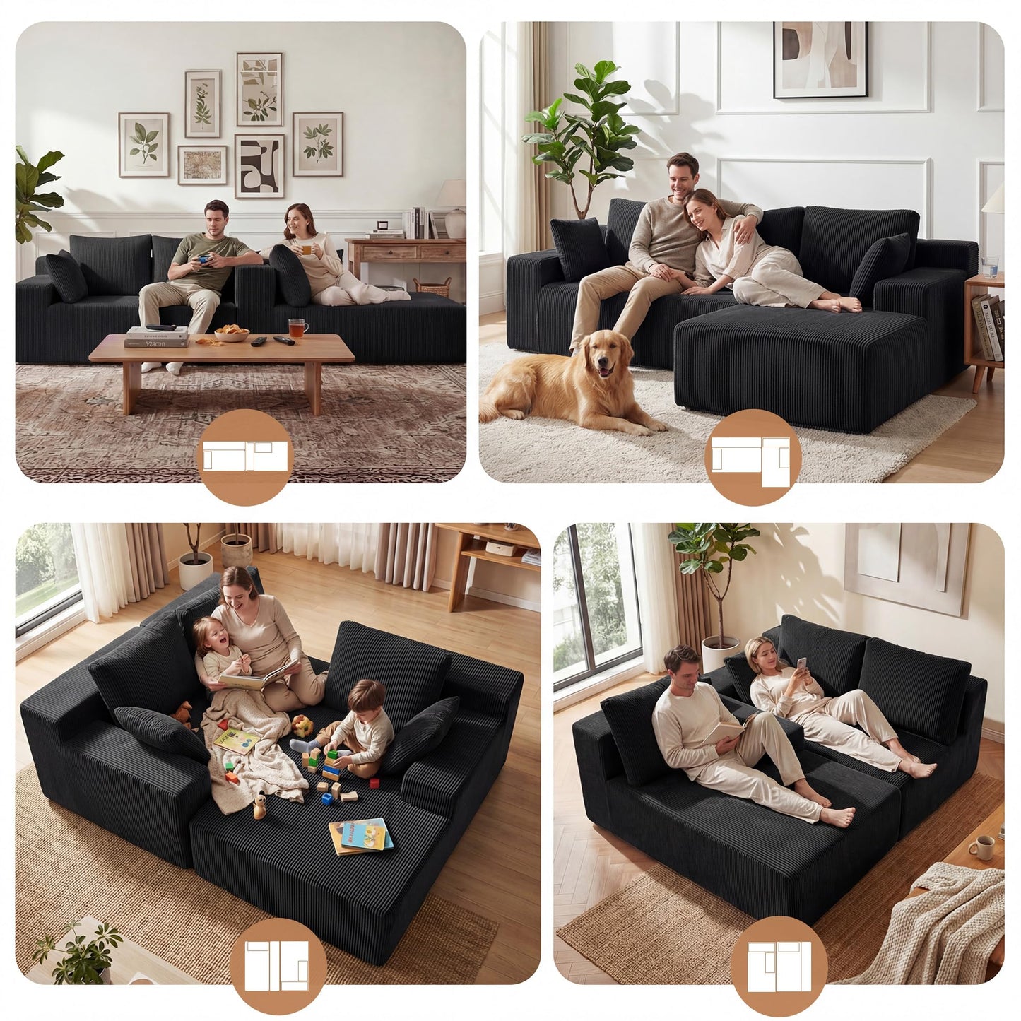 GRUSIGN Cloud Sectional Boneless Couches for Living Room, Modular L Shaped Couch with Deep Seat Oversized Right Facing Chaise, Memory Foam Compressed Spineless 3 Seater Sofa for Apartment, Black