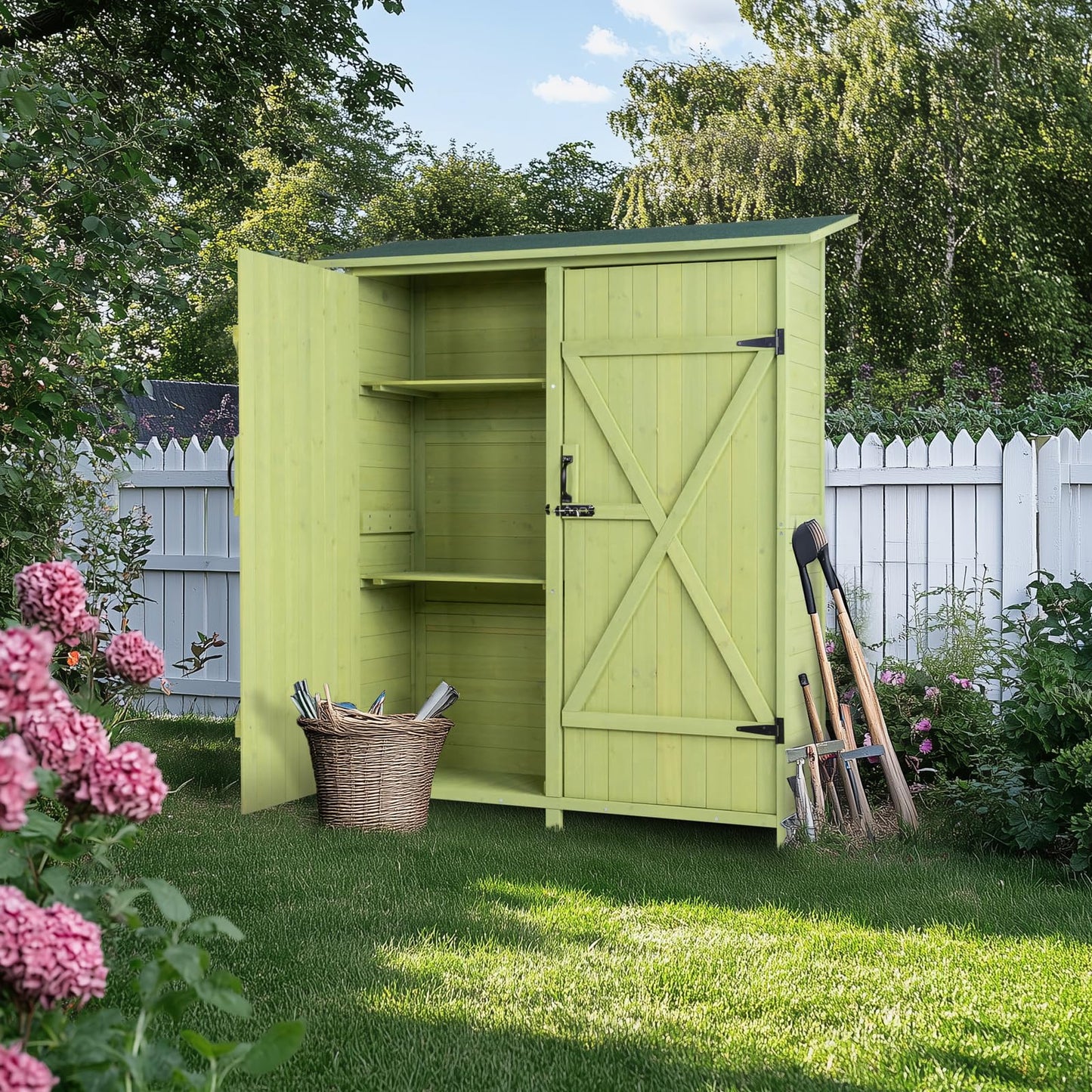 VINGLI Upgraded Outdoor Wooden Storage Shed, Extra Large Garden Shed Outside Tool Cabinet with 2 Safety Latches, Patio Storage Organizer for Garden Yard Lawn Equipment, Light Green