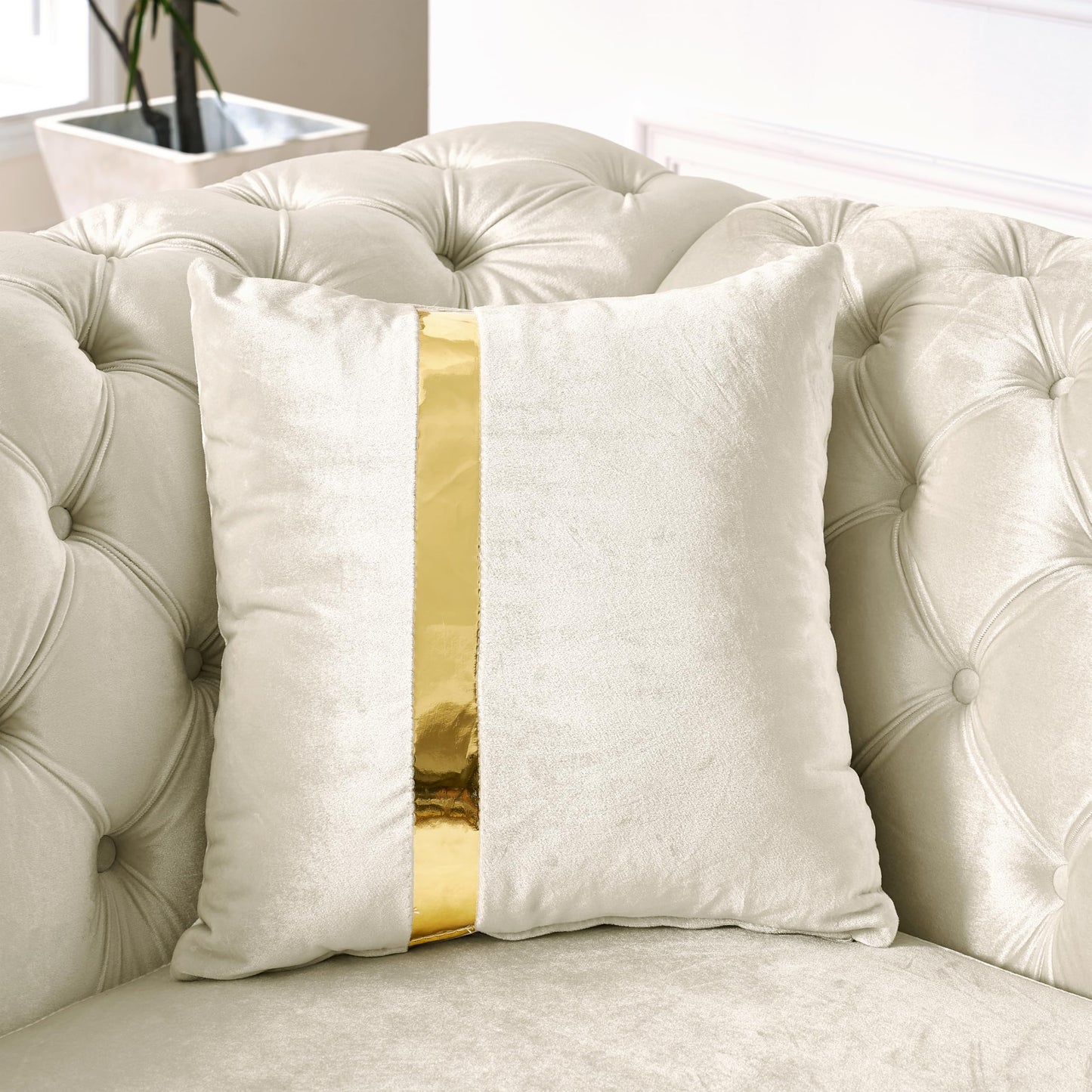 KEIKI 106" L-Shaped Luxury Velvet Chesterfield Sectional Sofa with Gold Stainless Steel Accents and 5 Pillows, Mid-Century Oversized 5-Seater Button Tufted Couch, Easy Assembly, for Living Room, Beige