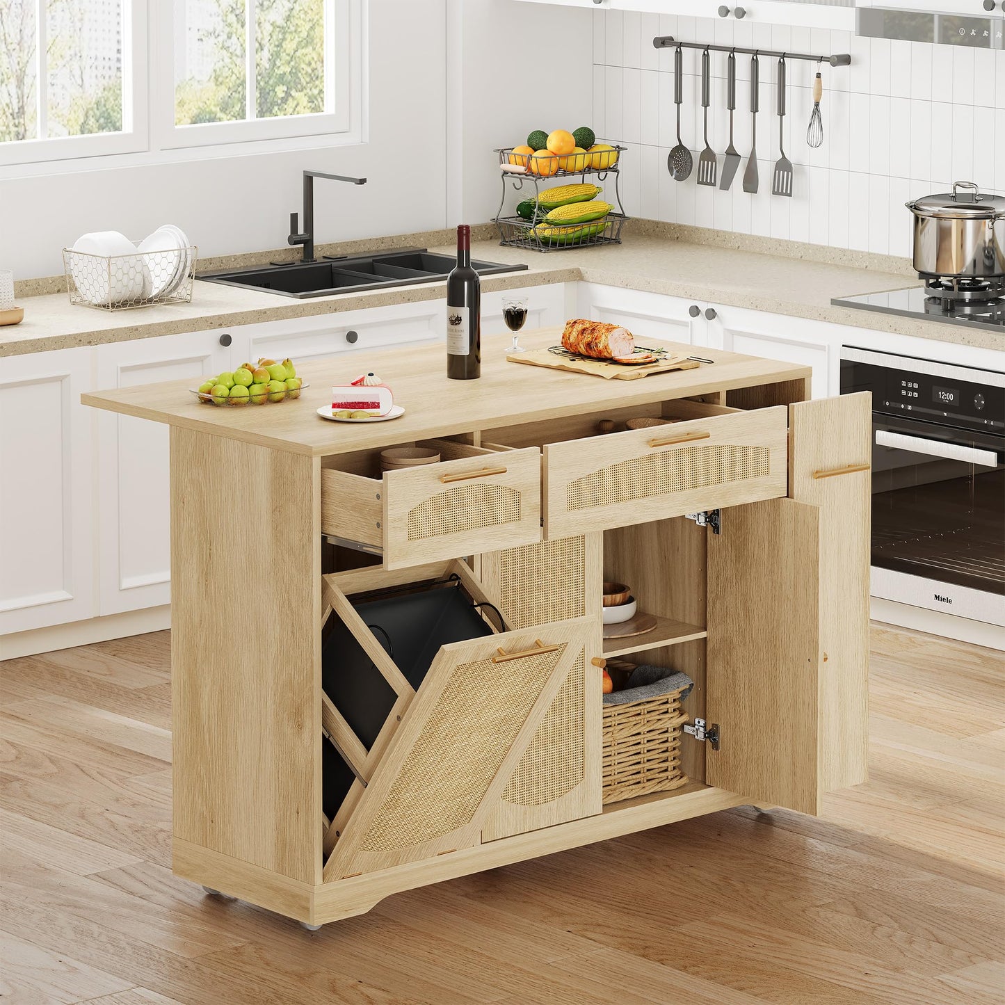 GAOMON 53.1" Kitchen Island on Wheels, Rattan Rolling Kitchen Island Cart with Drop Leaf Breakfast Bar, Tilt Out Trash Can Cabinet, Storage Cabinet, Drawer, Tower Rack, Kitchen Cart (Natural)