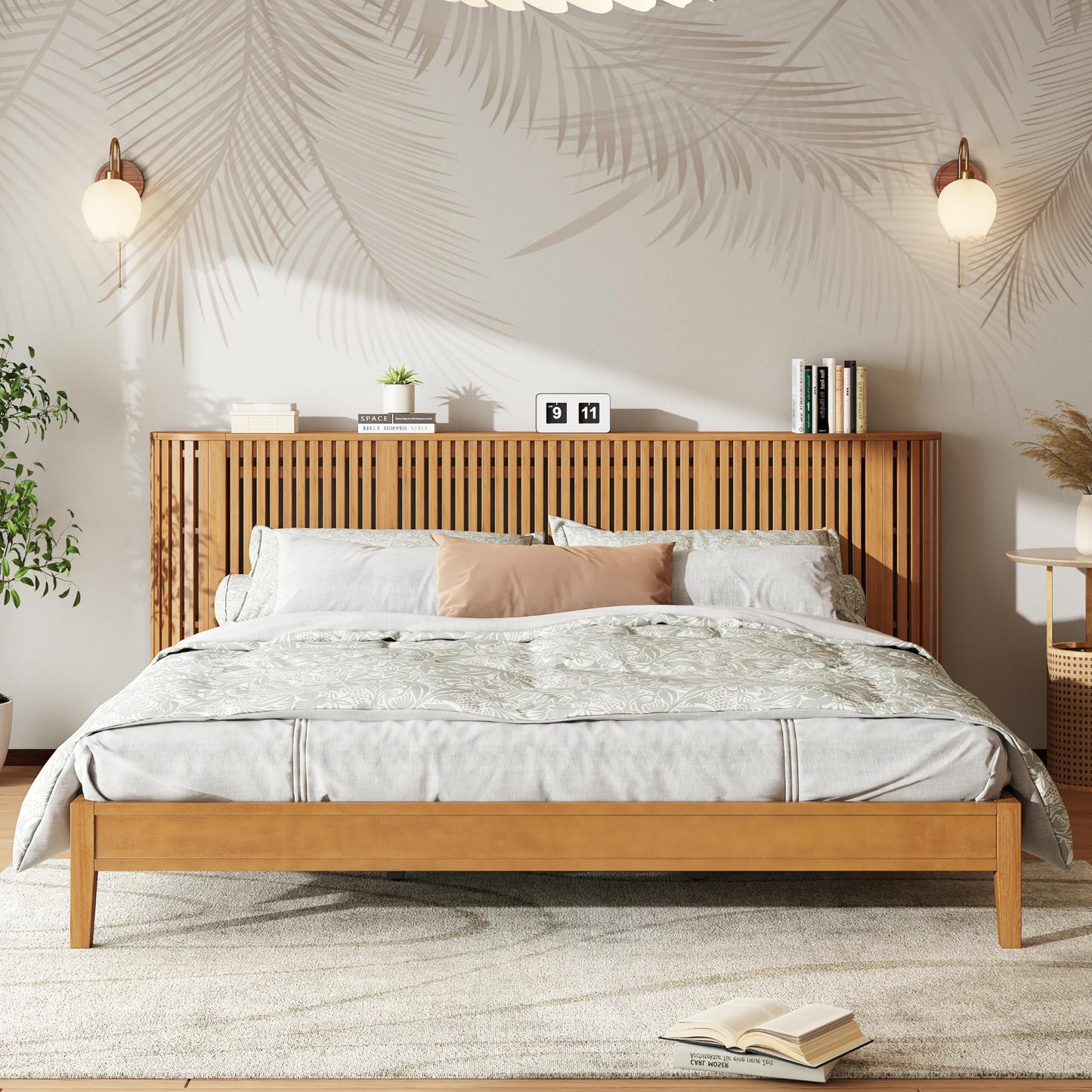Merax Farmhouse King Size Bed Frame Slat Headboard Design with Concealed Side 3 Layers Storage Shelves, Natural Wood Platform Bed with Slats & Middle Legs, No Box Spring Needed, Bear 800 LBS