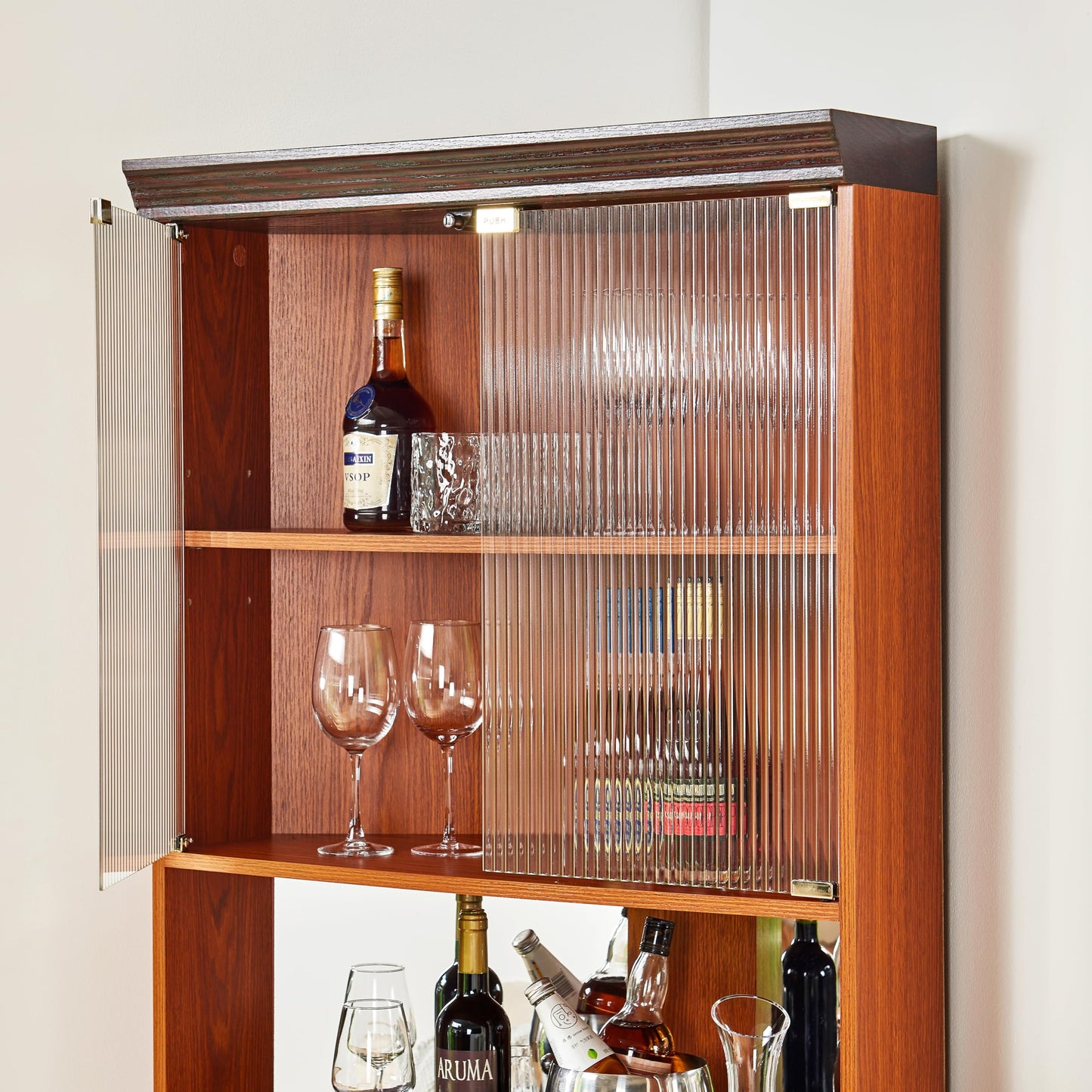 GDFStudio 70.89" Tall Corner Storage Cabinet with Doors, 5-Tier Wine Rack Display Cabinet with Mirrored Back Adjustable Shelves, Wood Coffee Bar Cabinet for Living Room Kitchen Dining Room, Dark Oak