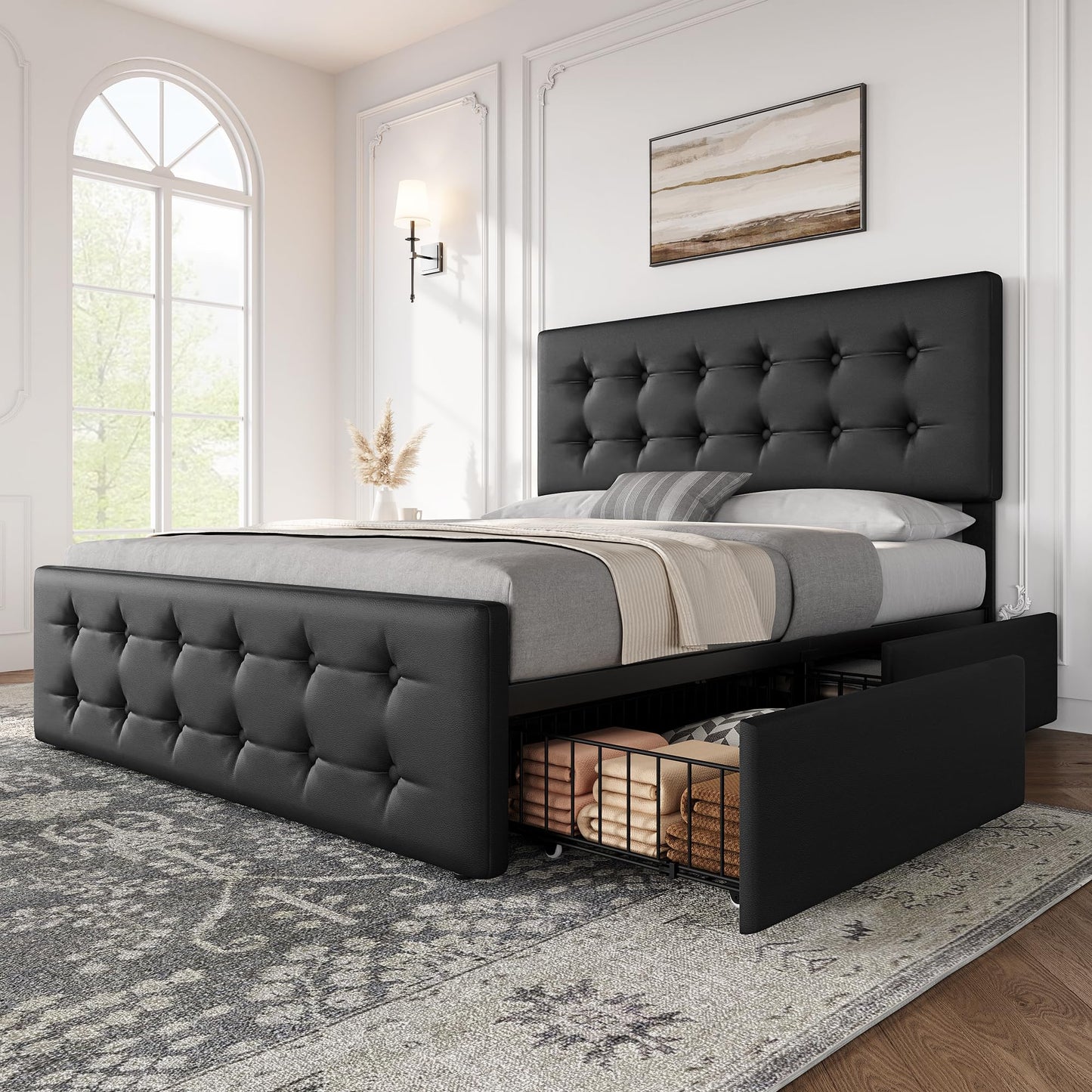 IDEALHOUSE Queen Size Bed Frame with 4 Storage Drawers and Headboard, Faux Leather Upholstered Platform Bed Frame with Wooden Slats Support, Button Tufted Design, No Box Spring Needed, Black