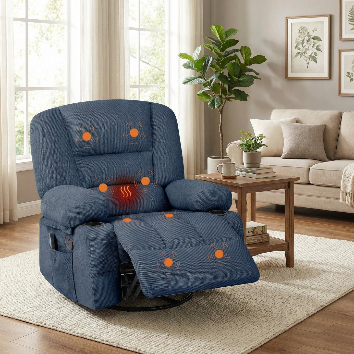 GarveeHome Oversized Wide Recliner Chair-Heat and Vibration Massage, 360° Swivel Rocker Chair for Adults,Chenille Fabric Manual Recliner with Cup Holders & Side Pocket for Living Room, Bedroom,Blue