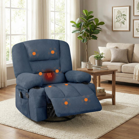 GarveeHome Oversized Wide Recliner Chair-Heat and Vibration Massage, 360° Swivel Rocker Chair for Adults,Chenille Fabric Manual Recliner with Cup Holders & Side Pocket for Living Room, Bedroom,Blue