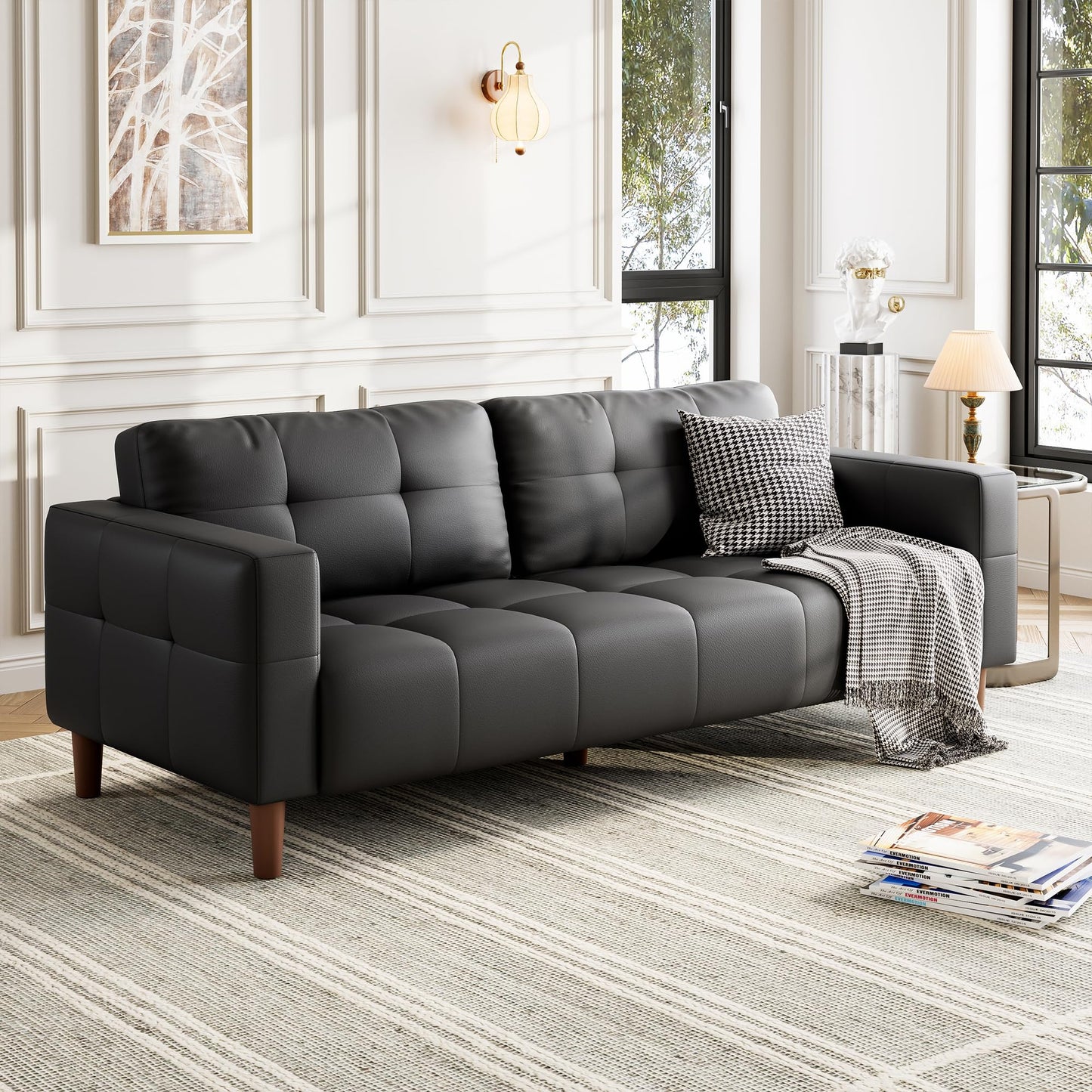 GarveeHome 3-Seater Sofa Couch, 83" Wide Faux Leather Sofa Couch with Spring Cushion, Modern Sofa with Deep Seats and 2 Removable Back Cushions, for Living Room, Apartment, Office, Modern Black
