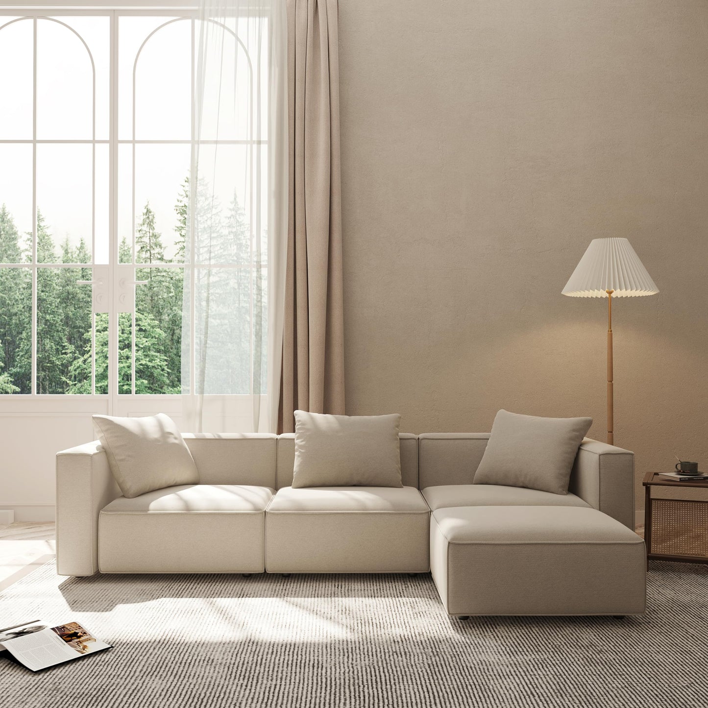 Acanva Luxury Modular Sectional Living Room Sofa Set, Modern Minimalist Style Couch with Ottoman and Chaise, L-Shape, Linen-Like Cream