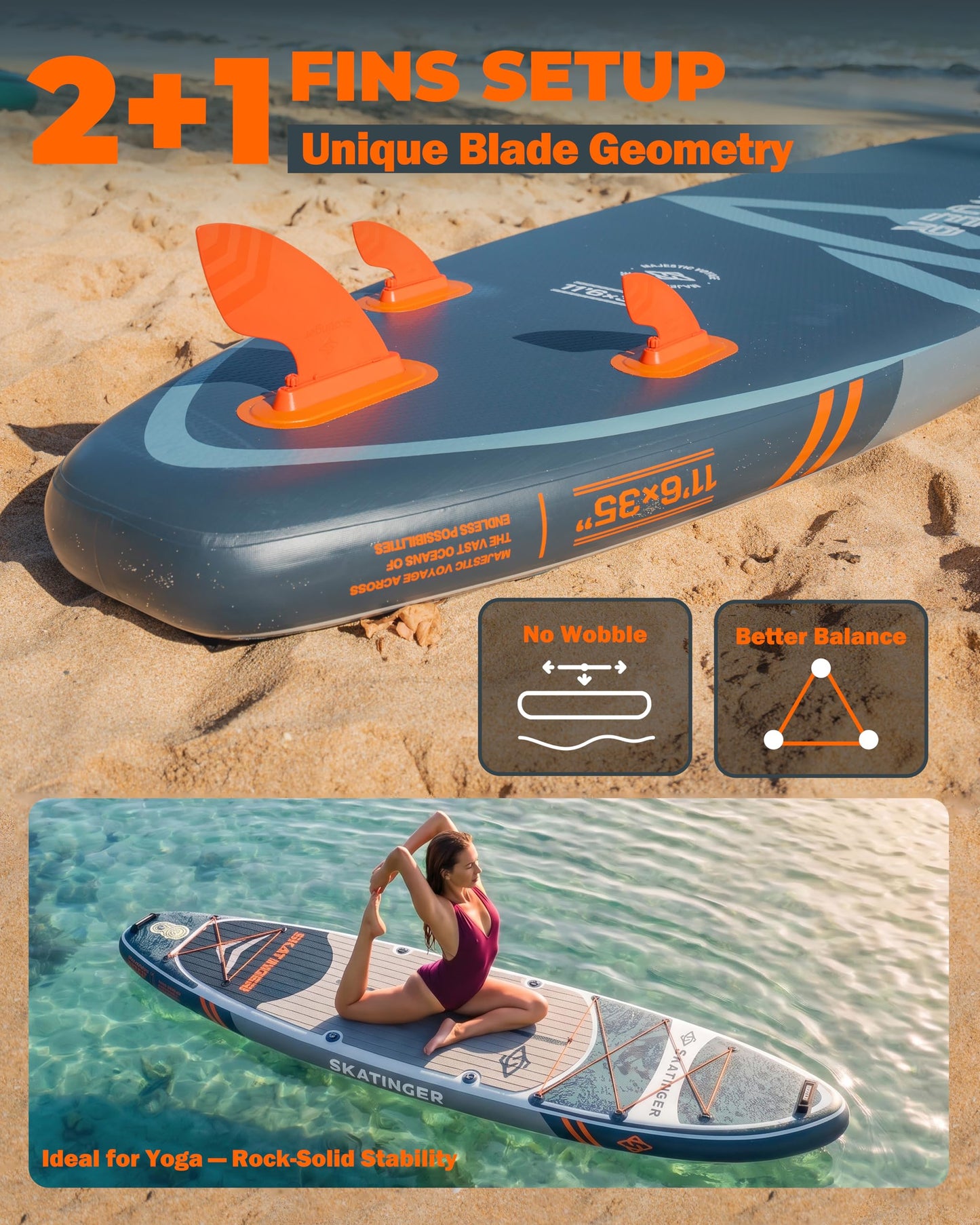 Skatinger 11'6×35" Super Wide Inflatable Paddle Board, Premium Woven Drop-Stitch Tech, 450lb/3 People/Family Paddle Board, Shoulder Strap, 100L Backpack, Ultra-Light, All-Round Sup Board