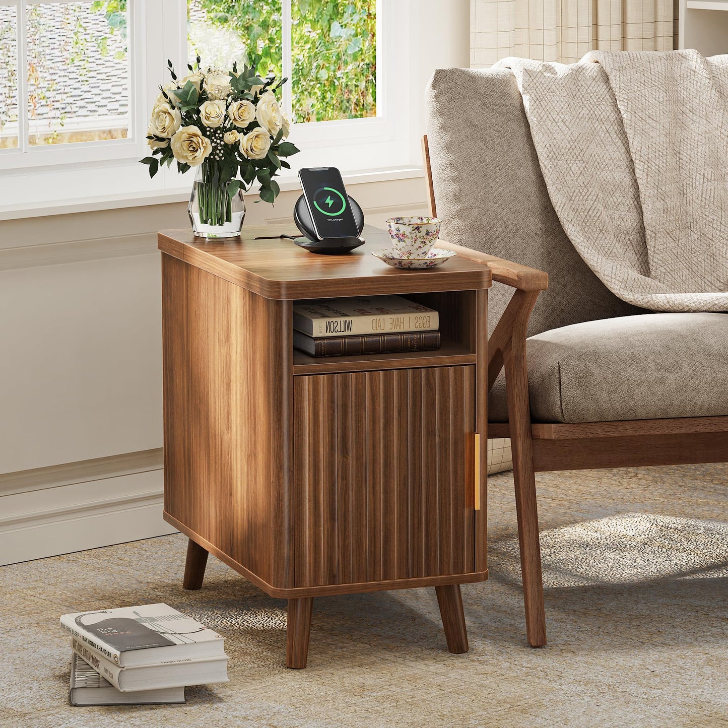 Huuger Narrow Nightstand with Charging Station, USB-C Port, Set of 2 Night Stand, Fluted End Table with Storage Cabinet, Back Rack, Side Table for Small Spaces, 13.4×23.6 Inch, Walnut