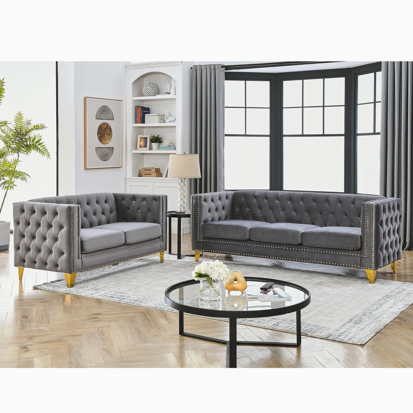 KEIKI Tufted Velvet 3+2 Seat Sofa Couch for Living Room, Buttons Tufted Square Arm Couch for Home Apartment, Gray
