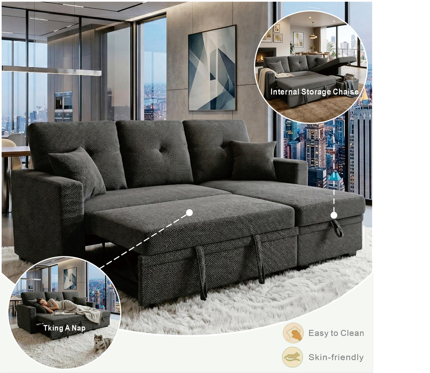 Eafurn 71" L Shaped Sectional Sleeper Sofa Bed with Pull Out Bed, Comfy Fabric Corner Sleeper Sectional Pull Out Couch with Tufted Backrest/Reversible Storage Chaise/2 Pillows