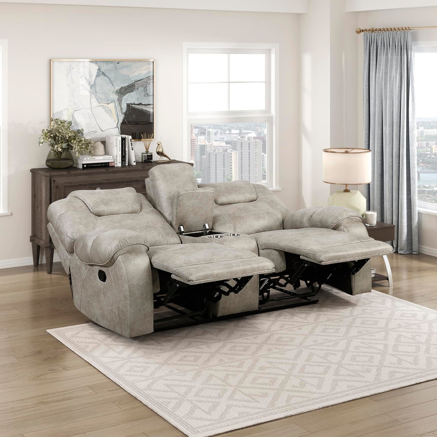 Lexicon Manual Double Reclining Loveseat, Polished Microfiber Manual Wall Hugger Loveseat Recliner for Living Room, Center Storage Console/Cup Holders/Pillow Top Arm, Easy Assembly, Pewter