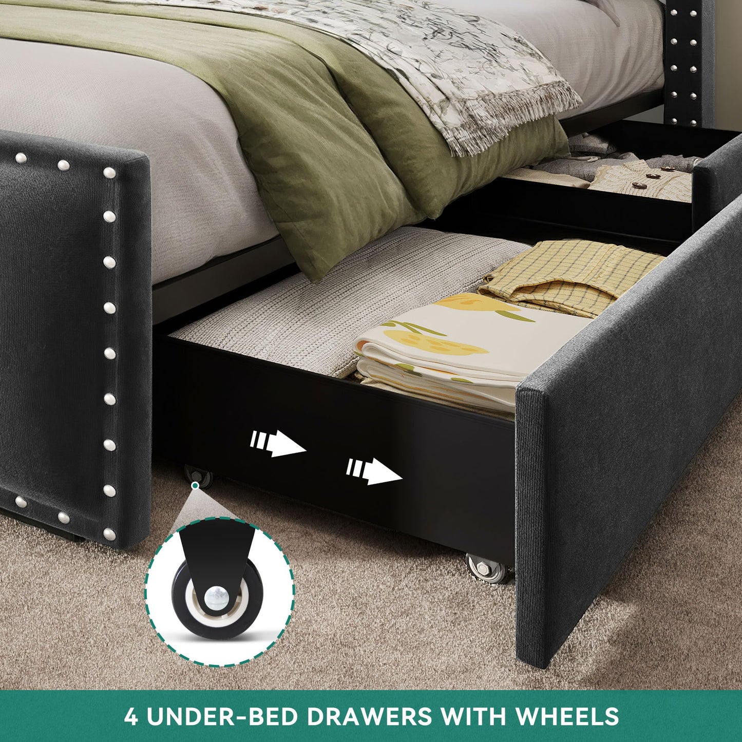 DWVO Queen Size Bed Frame with 4 Storage Drawers and RGB LED Lights, Velvet Upholstered Platform Bed with Charging Station and Bookcase Storage Headboard, No Box Spring Needed, Easy Assembly, Grey