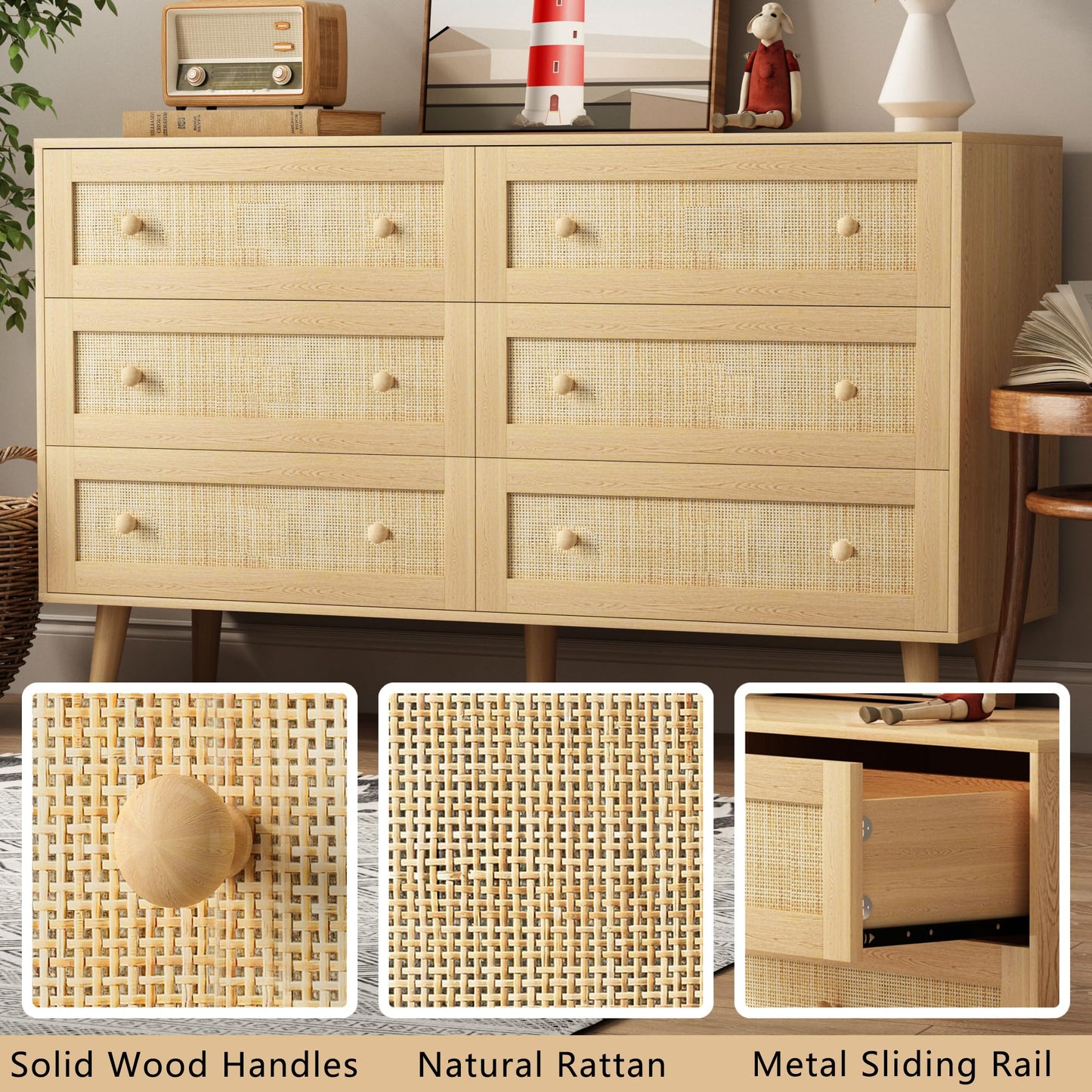 HUANLEGO Rattan Dresser for Bedroom, Modern 6 Drawer Dressers & Chest of Drawers, Natural Boho Dresser with Handles Wood Storage Organizer Modern Dressers for Closet, Hallway, Office