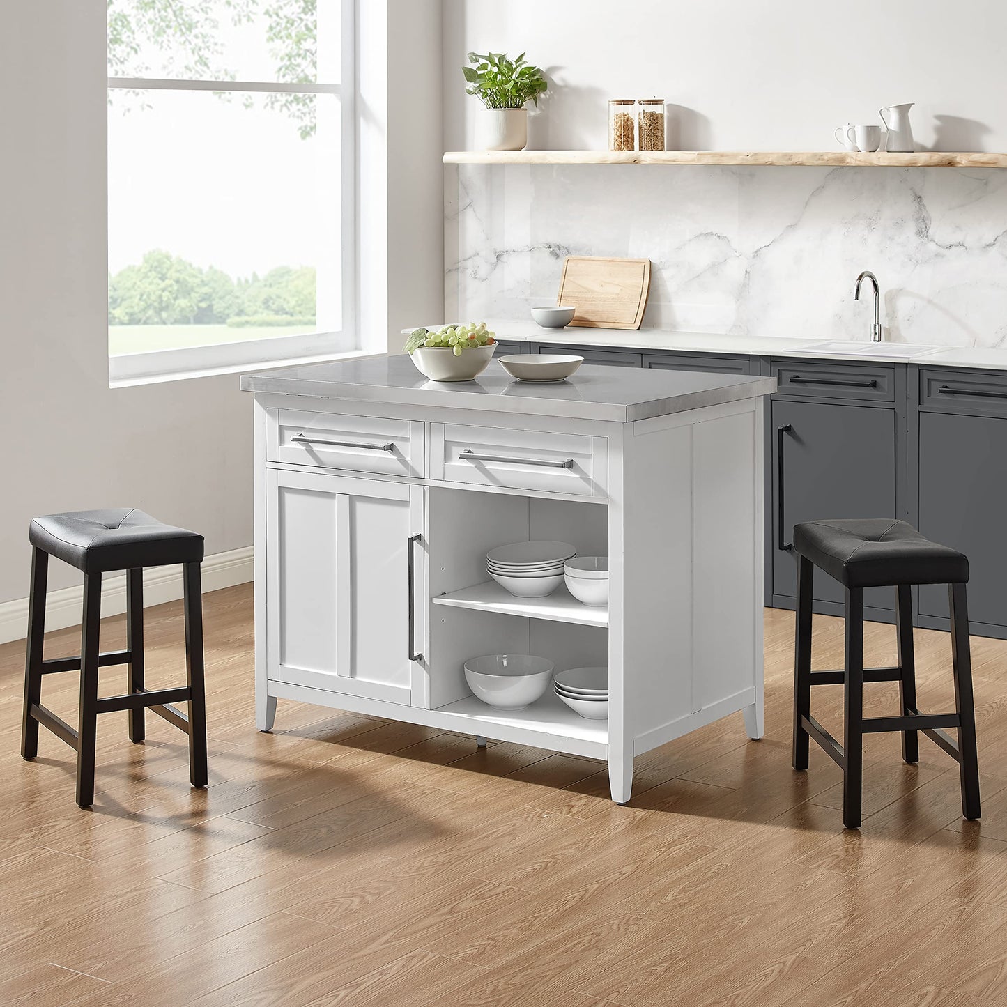 Crosley Furniture Silvia Stainless Steel Top Kitchen Island, Coffee Bar, with a Set of 2 Upholstered Saddle Stools, White/Black