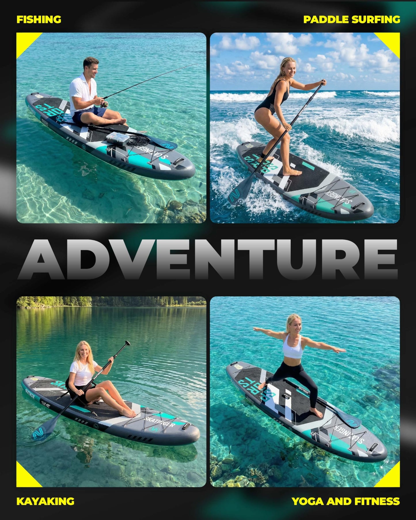 Skatinger 11'6×35" Super Wide Inflatable Paddle Board, Ultra Stable Stand Up Paddleboards for 450lb/3 People/Family/Big Size w/Shoulder Strap, 100L Backpack, All-Round Sup Board, US Fin