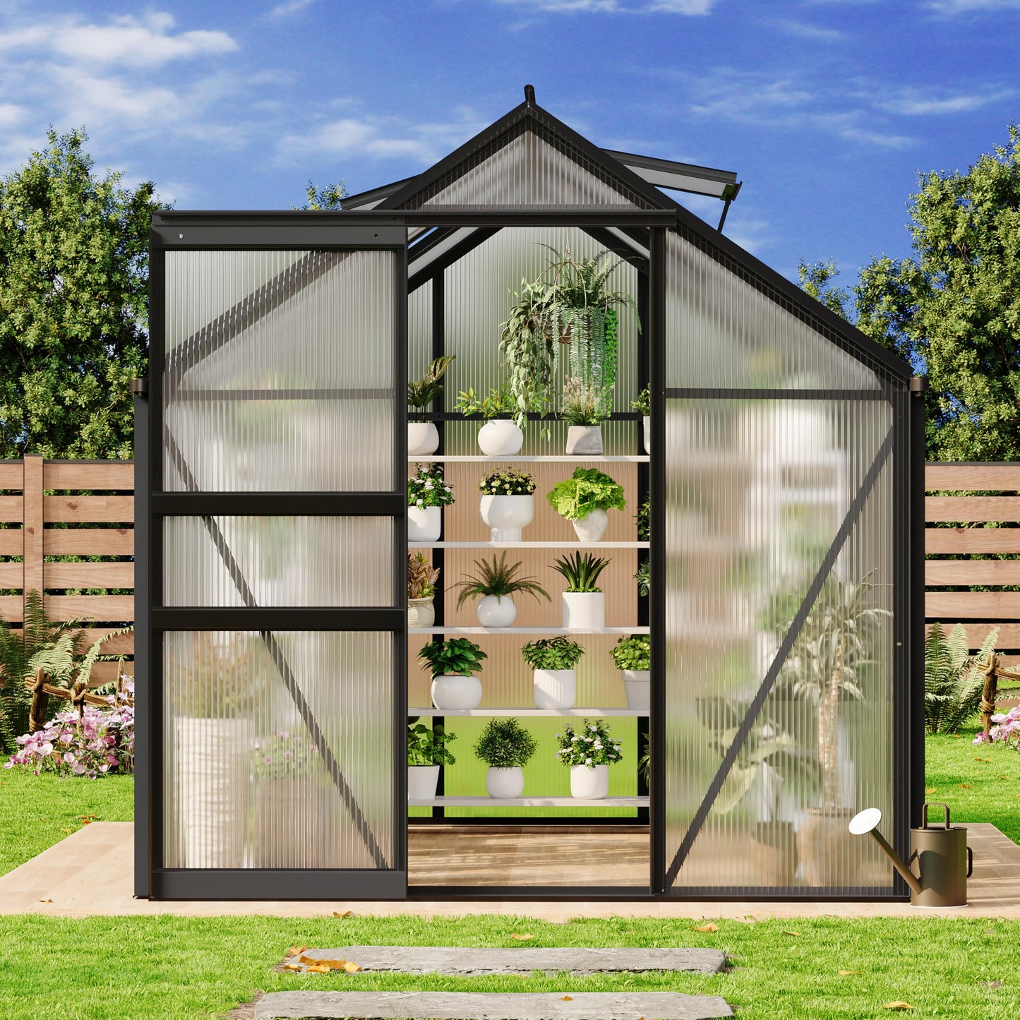 GarveeLife 6 x 8 FT Walk-in Greenhouses for Outside, Polycarbonate Greenhouse with Sliding Door, Adjustable Roof Vent, Aluminum Frame, Backyard Green Houses for Patio Garden
