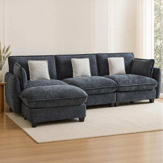 MCombo 117" Oversized Cloud Sectional Couch, Sectional Sofa with FSC Certified, L Shaped Couch with Ottoman for Living Room, Chenille S0701 (Black)
