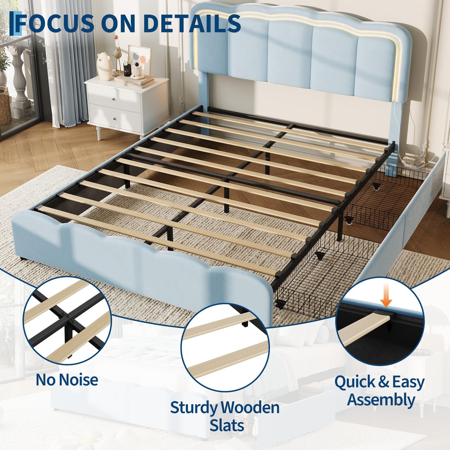 GarveeHome Full LED Bed Frame, Kids Platform Bed with 2 Large Storage Drawers, Velvet Upholstered Princess Bed for Girls & Boys, Wooden Slats Support, No Box Spring Needed, Easy Assembly, Blue