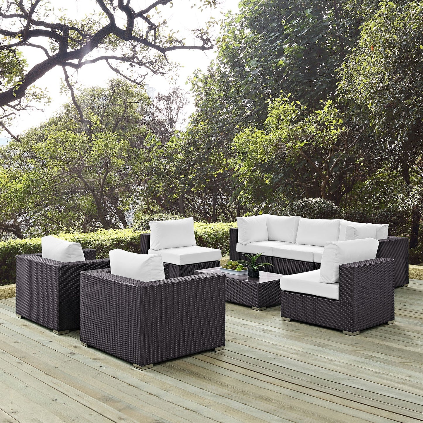 Modway Convene Wicker Rattan 8-Piece Outdoor Patio Sectional Sofa Furniture Set in Espresso White