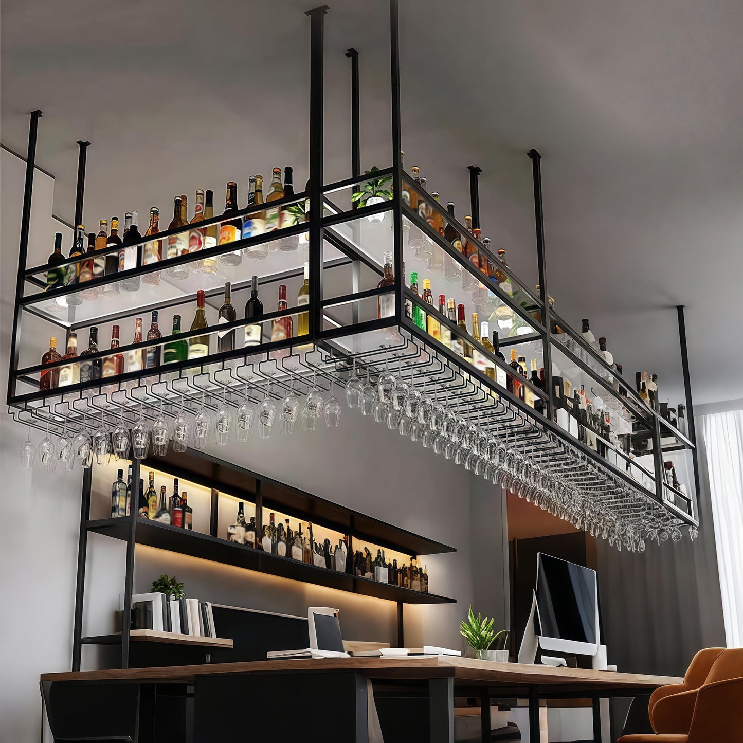 59IN Ceiling Wine Glass Rack with light, Acrylic Hanging Wine Rack with Glass Holder and Transparent Shelves, Wine Bottle Holder Goblet Stemware Racks Modern Home Bar Coffee Decor Rack (150CM)
