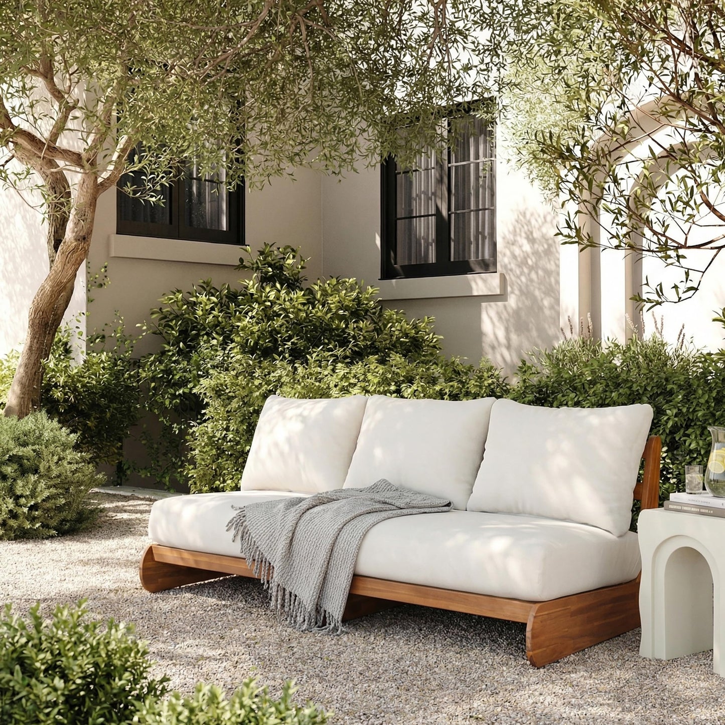 Merax Outdoor Acacia Wood Sofa with All-Weather Cushions, Patio Low 3-Seater Lounge Sofa for Porch, Lawn, Backyard, Balcony, Beige +Teak