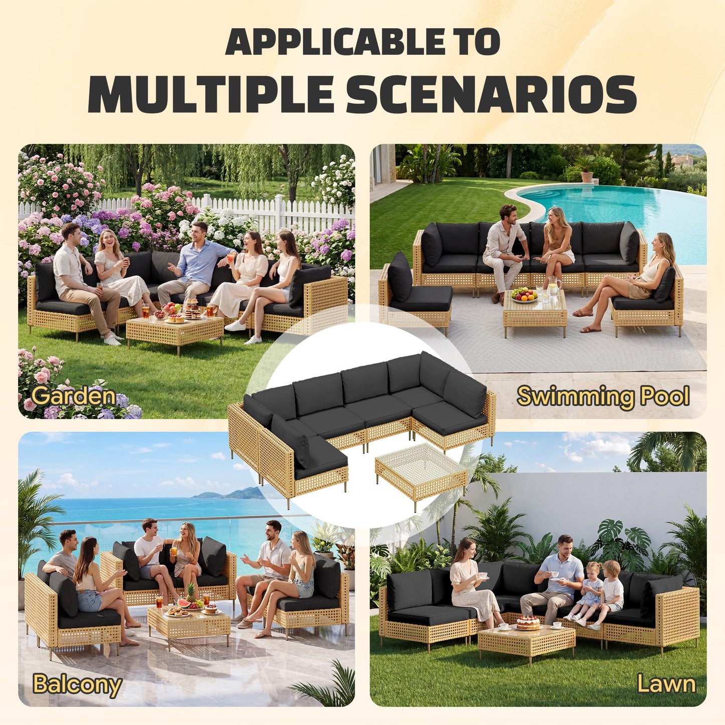 LHBcraft 7-Piece Wicker Outdoor Patio Furniture Set, Outdoor Sectional Furniture, Patio Sofa Sectional Conversation Sets, Handmade Rattan, Water-Resistant Fluffy Cushions and Coffee Table, Black