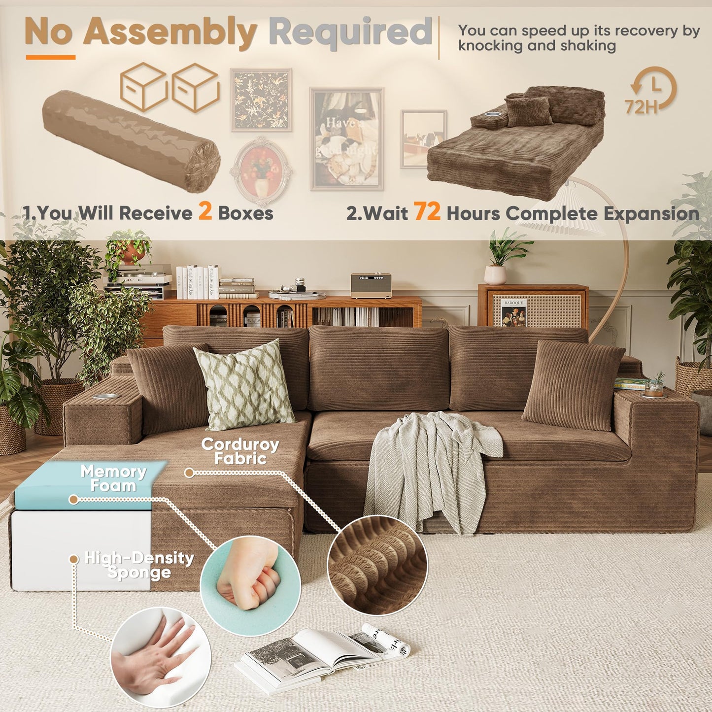 Homall 109" Boneless Couch with Memory Foam, Modular Sectional Sofa with L-Shape Chaise, Cloud Couch with Deep Seat, Dual Cup Holders & Side Pockets, No Assembly Required (Brown)